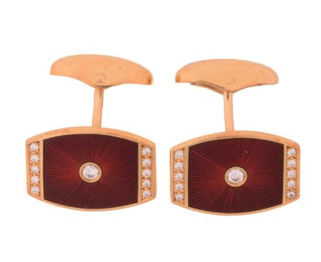 A pair of Fabergé diamond and enamel cufflinks, in red guilloche enamel, set to the centre with a round brilliant cut diamond
