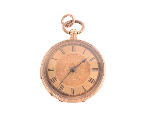An open-face pocket watch, featuring a key-wound movement in a yellow metal case stamped 18C and measuring 36mm with a gold d