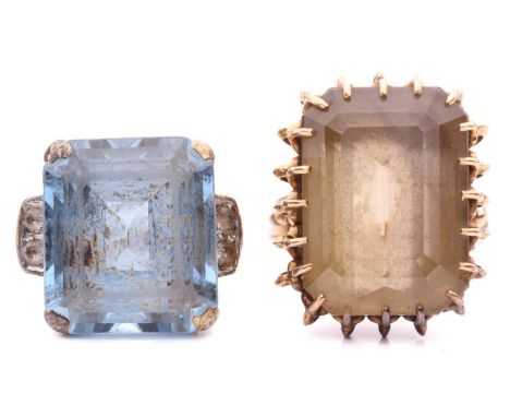 A smokey quartz cocktail ring and another, centred with an octagonal-cut smokey quartz in claw setting, beaded shoulders to f