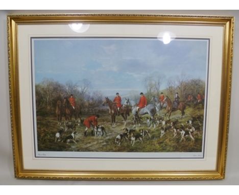 AFTER HEYWOOD HARDY "Autumn Meeting", a coloured hunting Print, 53cm x 80cm in gilt frame 