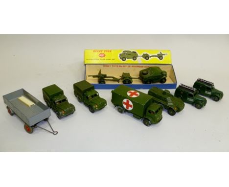 DINKY TOYS ARMY VEHICLES including 25lb Field gun set no.697 in original vending box, military ambulance no.626, army 1 ton c