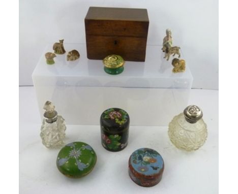 A QUANTITY OF COLLECTOR'S ITEMS including; three cloisonne boxes with covers, an enamel box, two silver mounted glass scent b