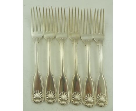 PAUL STORR A SET OF SIX GEORGE III SILVER TABLE FORKS, fiddle, thread and shell pattern, London 1779, crested, 660g 