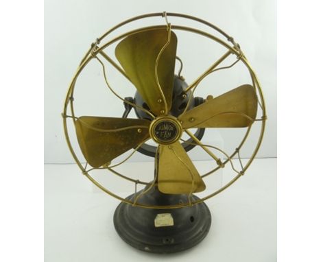 A "VERITYS LTD. OF BIRMINGHAM" DESK FAN having brass blades and fittings, 45cm high, the central boss inscribed "The New 12" 