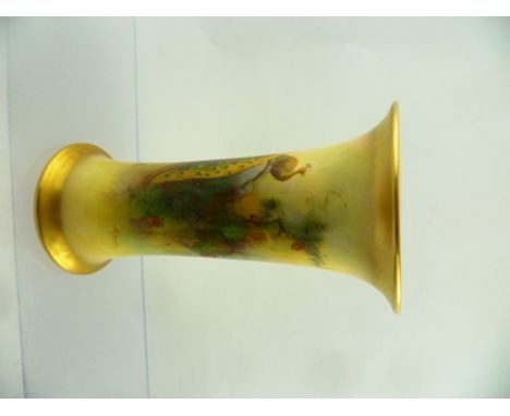 A ROYAL WORCESTER (GRAINGER) TRUMPET SHAPED BLUSH IVORY GROUND VASE with sponge gilding to lip and foot, polychrome decorated