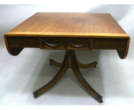 A 19TH CENTURY MAHOGANY SATINWOOD CROSSBANDED SOFA TABLE, fitted frieze drawer, raised on fluted column with four outswept su