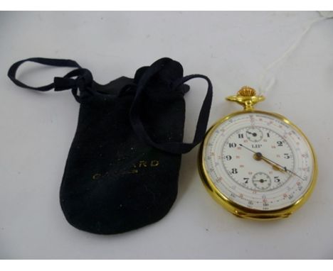 A 20TH CENTURY SWISS "LIP" GOLD COLOURED METAL CASED MECHANICAL STOP WATCH/POCKET WATCH having Arabic enumerated enamel dial,