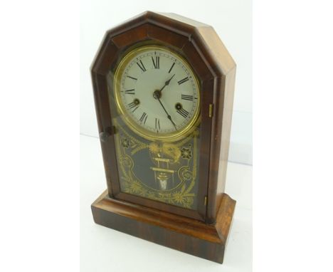 A LATE 19TH CENTURY AMERICAN MANTEL OR SHELF CLOCK, part rosewood cased, enamel numerals with compensating pendulum, 35cm hig