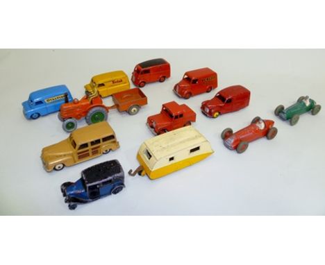 A COLLECTION OF DINKY DIE CAST VEHICLES including no. 301 Marshall Tractor and trailer, Alfa Romeo, Mini Cooper, Bristol, no.