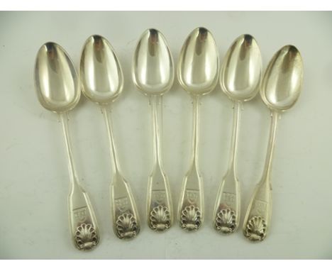 A SET OF SIX GEORGE III SILVER TABLE SPOONS, fiddle, thread and shell pattern, with shell heels, London 1779, crested, makers