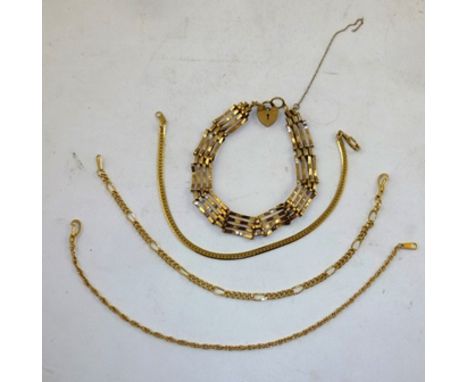 A 9CT GOLD FOUR-BAR GATE BRACELET, and THREE OTHER CHAIN BRACELETS 
