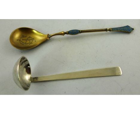 A GUILD OF HANDICRAFT SILVER SAUCE LADLE, London Millennium mark 2000, of plain form, together with an enamelled silver gilt 