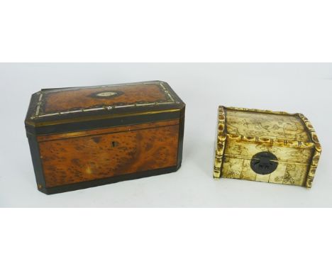 A VICTORIAN BIRD'S EYE MAPLE AND BRASS BOUND TEA CADDY having hinged lid with period "mother-of-pearl" tablet inscribed "Mary