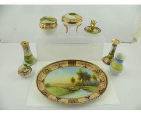 A NORITAKE DRESSING TABLE SET, hand painted river landscape decoration, comprising; an oval tray 32.5cm, a candlestick, a hat