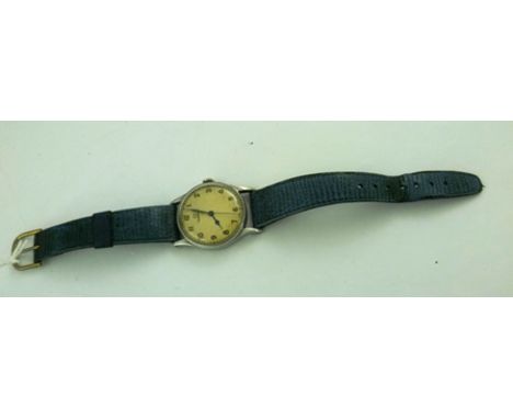 AN OMEGA WORLD WAR II WRIST WATCH, aluminium and steel cased, Arabic numerals, the back engraved "6B/159 A32201" with arrow, 