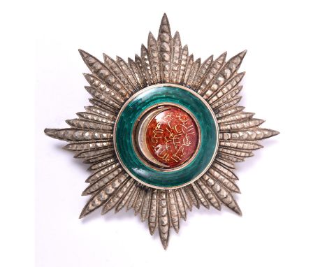 Turkey: Order of Osmanieh breast star, silver ray facetted star with central roundel of green band with red enamel central de