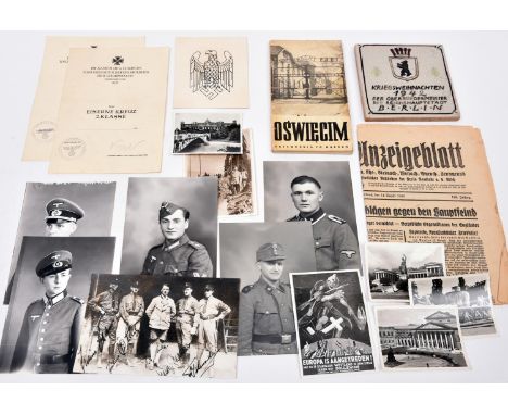 A small quantity of WWII German and other items of ephemera, including two blank Iron Cross 2nd class award certificates, a 1