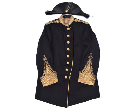A Victorian blue cloth tunic for a Lieutenant Colonel in the Army Pay Department, with gold bullion to collar and cuffs; a co