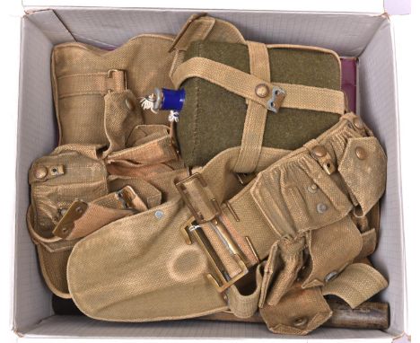 A set of reproduction 1908 pattern webbing, including entrenching tool, water bottle, ammunition pouches, small pack etc. £60