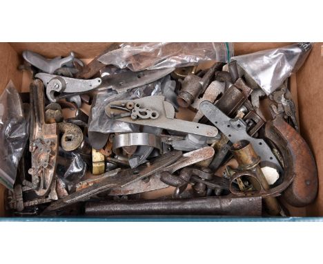 A quantity of old and a few antique gun parts, including a pair of back action pin-fire locks by F. Sharp, a single right han