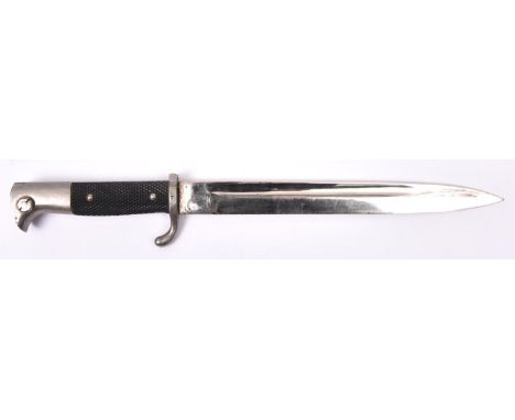 A Third Reich period dress bayonet, unmarked 9¾" blade, plated hilt with bird's head pommel and chequered black grips. GC (no