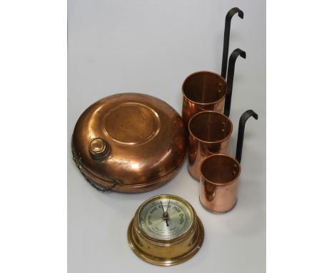 COPPER FOOT WARMER, 3 MEASURES & BRASS BAROMETER 