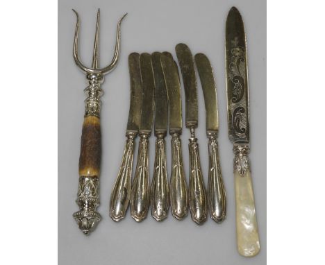 SILVER HANDLE 6 TEA KNIVES & PLATED BREAD KNIFE & FORK 