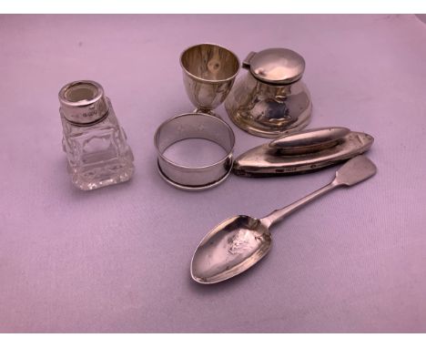 Silver Inkwell, Miniature Egg Cup, Napkin Ring, Spoon, Nail Buffer and Silver Mounted Pot 