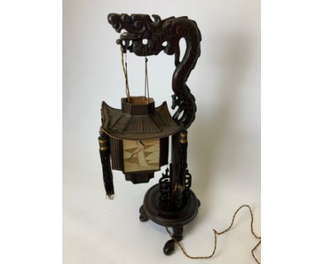 Carved Chinese Lamp with Fine Silk Shade - 71cm H 