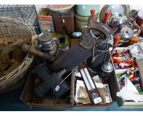 A Tray of Sundries to include Vintage Wooden Handled Cleaver, Tenon Saw, Mincer, Mahogany Framed Thermometer, Post Cards Etc