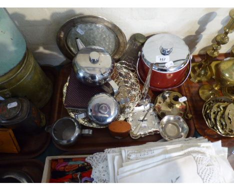 A Tray of Sundries to Include Vintage Ice Bucket, Stainless Steel Tea Service, Coronation Child's Post Box Bank, Enamelled Be