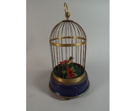 A Reproduction Enamelled Brass Bird in Cage Singing Automaton, Working Order, 32cm High
