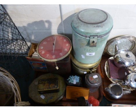 A Collection of Various Vintage Tins and Enamel Flour Bin, Vintage Metamec Clock Etc