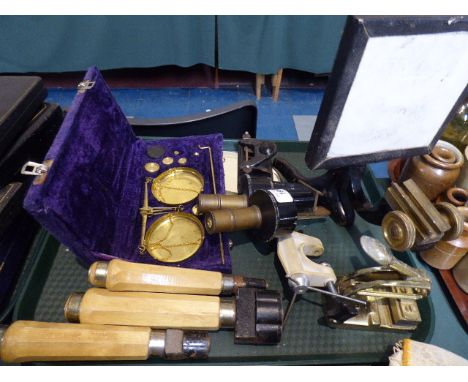 A Tray of Sundries to Include Cased Scales, Letter Press, Various Tools, Microscope Parts Etc