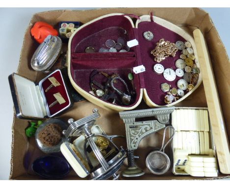 A Tray of Curios to Include Watch Faces and Movements, Costume Jewellery, Table Lighter, Vintage Stapler, Dominoes Etc