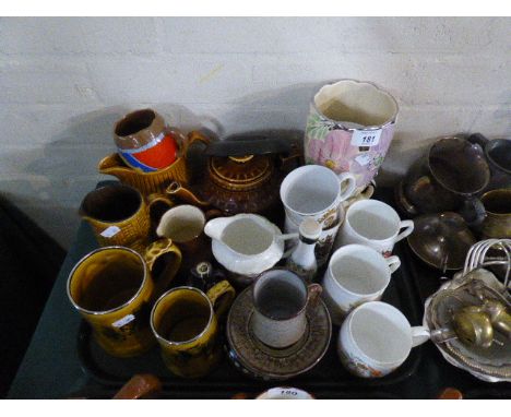 A Tray of Various Commemorative Tankards, Treacle Glazed Teapot Vases Etc