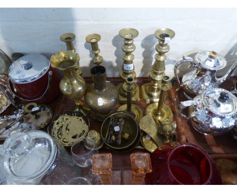 A Tray of Brass Ware to Include Three Pairs of Brass Candlesticks, Horse Brasses, Vases, Fox Door Knocker