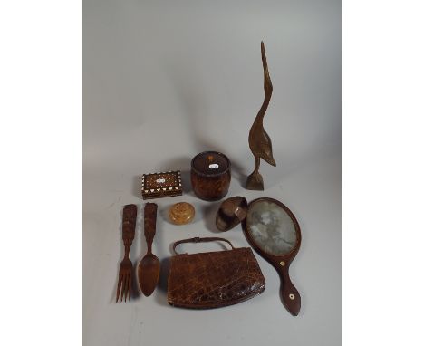 A Tray Containing Inlaid Box, Tea Caddy, Treen Ware, Leather Purse Etc.