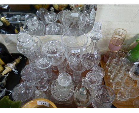 A Tray of Glassware to Include Globe and Stalk Decanter, Vases etc