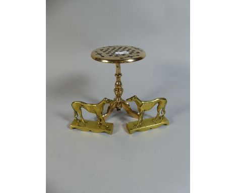 A 19th Century Brass Miniature Chess Topped Tripod Table with Two Georgian Brass Miniature Greyhounds  