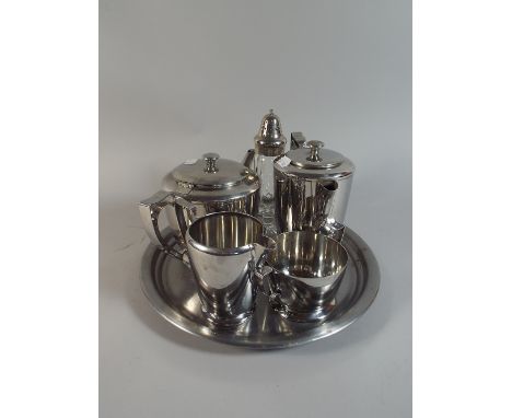 An Old Hall Four Piece Stainless Steel Tea Service, Silver Plate Topped Glass Sugar Sifter and Tray