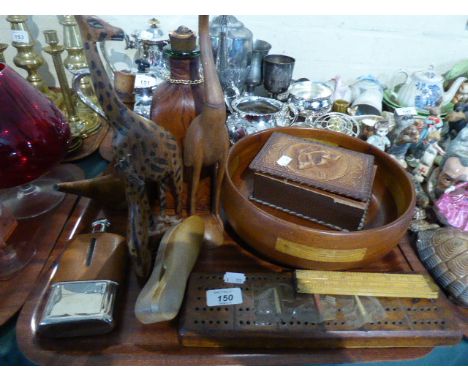 A Collection of Treen African Animals, Wooden Cribbage Board, Fruit Bowl, Hip Flask Etc