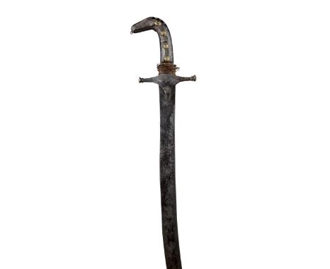 λ An Arab sword (shamshir), slender curved blade 34 in., iron crosspiece with button-terminal quillons, horn grip with a line