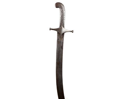 An Indian sword (shamshir), curved blade 28 in., with traces of islamic script in panels and a cartouche, steel crosspiece wi