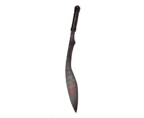 A large two-handed Nepalese sacrificial knife (kukri), heavy blade 25 in., of characteristic forward curving form with double