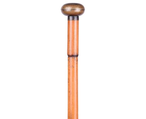 An unusual 7mm walking cane 'blow' gun, bamboo clad brass barrel, the brass top unscrewing to reveal a rubber padded mouth pi