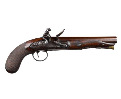 An early 19th Century 16 bore flintlock pistol, hexagonal barrel 8 in., London proof marks, the underside with barrel maker's