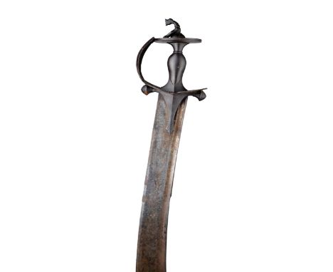 An Indian 'executioner's' sword of impressive proportions, heavy curved blade 31 in., stepped back, double edged for the last