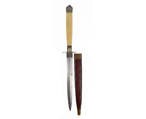 A 19th Century dagger, double edged blade 6 in. with square ricasso, white metal hilt with lobed guard and fluted pommel, fac