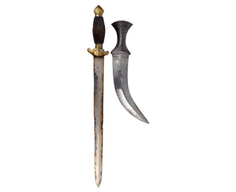 A collection of Asian and African edged weapons, including: a Chinese short sword (jian), straight double edged blade 16 in.,
